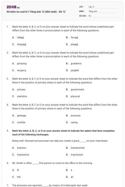 Đề kiểm tra cuối kì I Tiếng Anh 12 (Mới nhất) - Đề 12