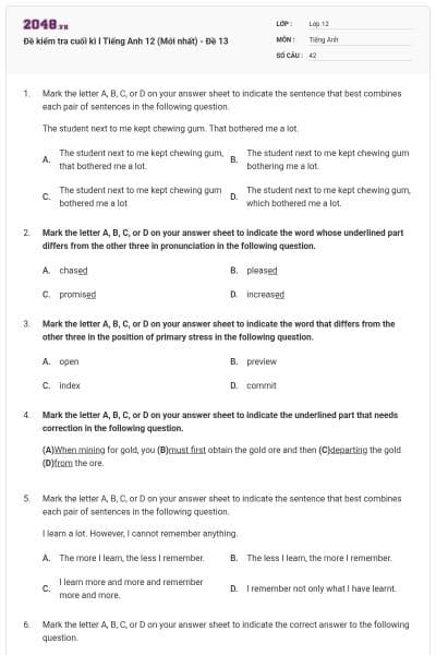 Đề kiểm tra cuối kì I Tiếng Anh 12 (Mới nhất) - Đề 13