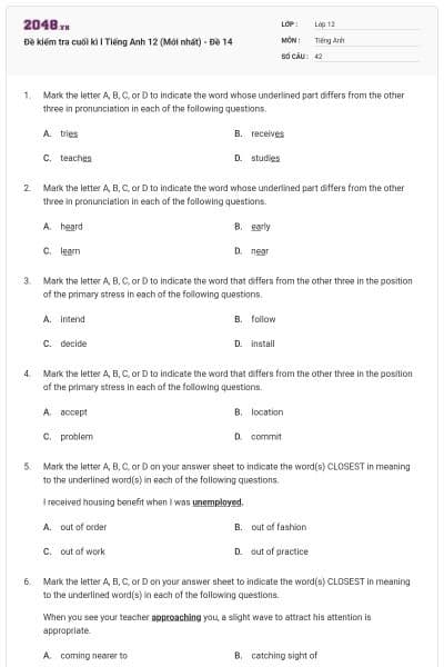 Đề kiểm tra cuối kì I Tiếng Anh 12 (Mới nhất) - Đề 14