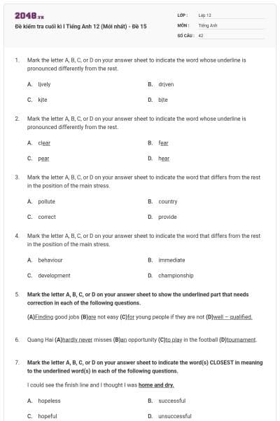 Đề kiểm tra cuối kì I Tiếng Anh 12 (Mới nhất) - Đề 15