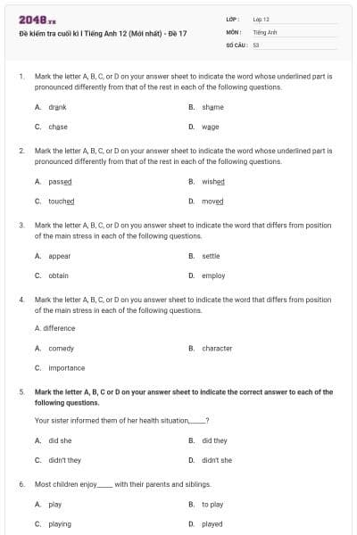 Đề kiểm tra cuối kì I Tiếng Anh 12 (Mới nhất) - Đề 17