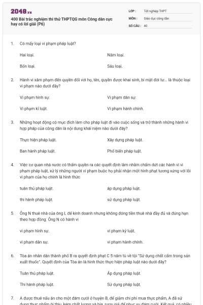 400 Bài trắc nghiệm thi thử THPTQG môn Công dân cực hay có lời giải (P6)