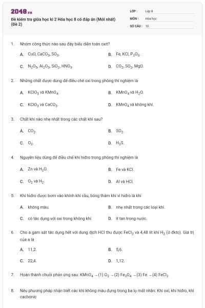 Đề kiểm tra giữa học kì 2 Hóa học 8 có đáp án (Mới nhất) (Đề 2)