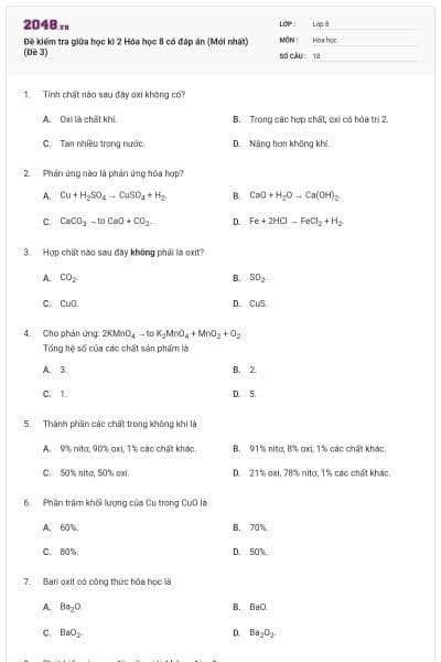 Đề kiểm tra giữa học kì 2 Hóa học 8 có đáp án (Mới nhất) (Đề 3)