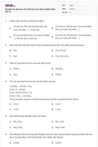 Đề kiểm tra giữa học kì 2 Hóa học 8 có đáp án (Mới nhất) (Đề 4)