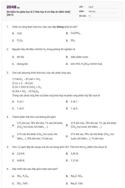 Đề kiểm tra giữa học kì 2 Hóa học 8 có đáp án (Mới nhất) (Đề 5)