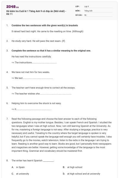 Đề kiểm tra Cuối kì 1 Tiếng Anh 9 có đáp án (Mới nhất) - Đề 11