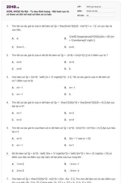 ĐGNL ĐHQG Hà Nội - Tư duy định lượng - Bài toán cực trị có tham số đối với một số hàm số cơ bản
