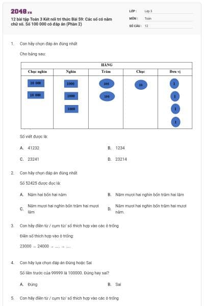 12 bài tập Toán 3 Kết nối tri thức Bài 59: Các số có năm chữ số. Số 100 000 có đáp án (Phần 2)