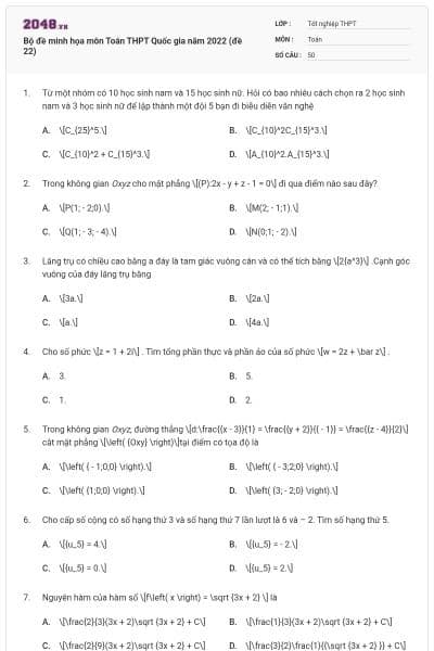 Bộ đề minh họa môn Toán THPT Quốc gia năm 2022 (đề 22)