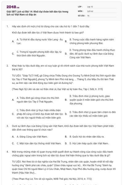 Giải SBT Lịch sử Bài 14: Khối đại đoàn kết dân tộc trong lịch sử Việt Nam có đáp án