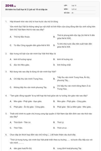Đề kiểm tra Cuối học kì 2 Lịch sử 10 có đáp án