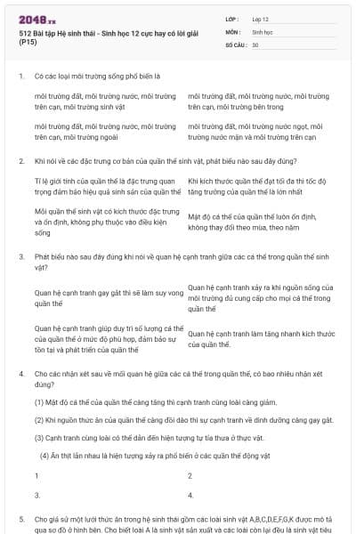 512 Bài tập Hệ sinh thái - Sinh học 12 cực hay có lời giải (P15)