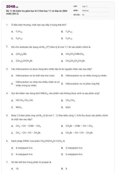 Bộ 11 Đề kiểm tra giữa học kì 2 Hóa học 11 có đáp án (Mới nhất) (Đề 2)