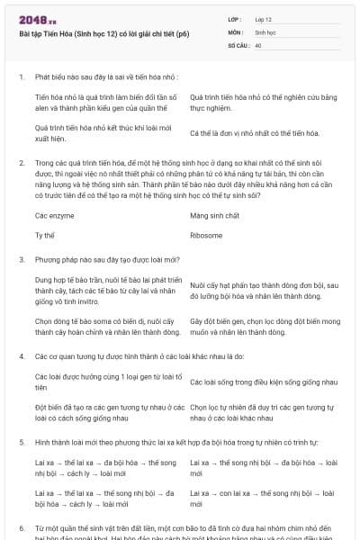 Bài tập Tiến Hóa (Sinh học 12) có lời giải chi tiết (p6)