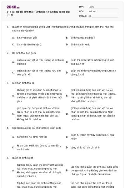 512 Bài tập Hệ sinh thái - Sinh học 12 cực hay có lời giải (P14)