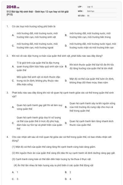 512 Bài tập Hệ sinh thái - Sinh học 12 cực hay có lời giải (P15)