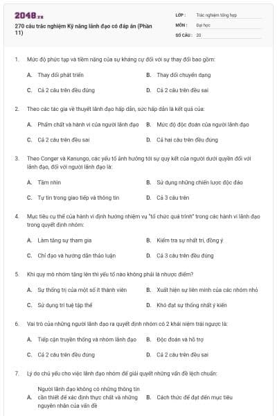 270 câu trắc nghiệm Kỹ năng lãnh đạo có đáp án (Phần 11)