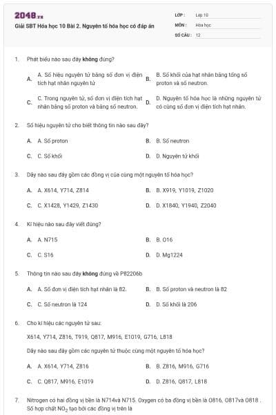 Giải SBT Hóa học 10 Bài 2. Nguyên tố hóa học có đáp án