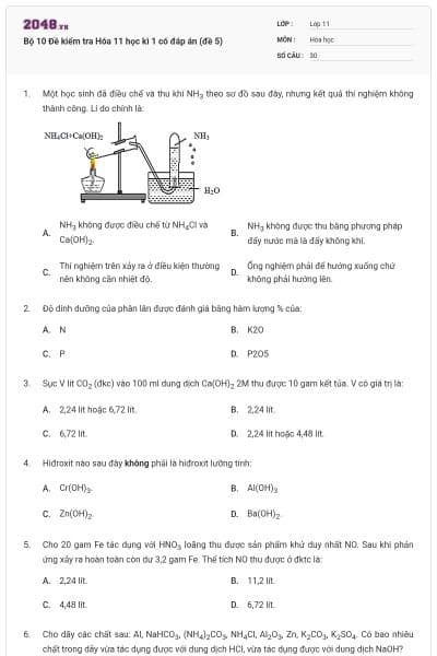 Bộ 10 Đề kiểm tra Hóa 11 học kì 1 có đáp án (đề 5)