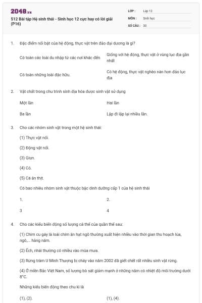 512 Bài tập Hệ sinh thái - Sinh học 12 cực hay có lời giải (P16)