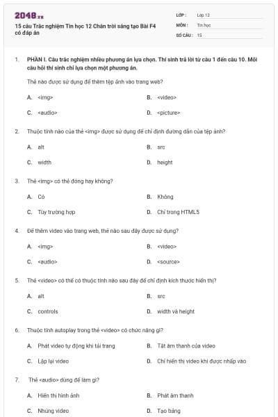 15 câu Trắc nghiệm Tin học 12 Chân trời sáng tạo Bài F4 có đáp án