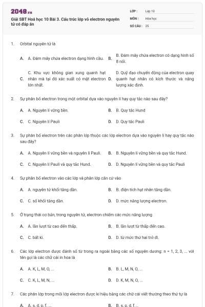 Giải SBT Hoá học 10 Bài 3. Cấu trúc lớp vỏ electron nguyên tử có đáp án
