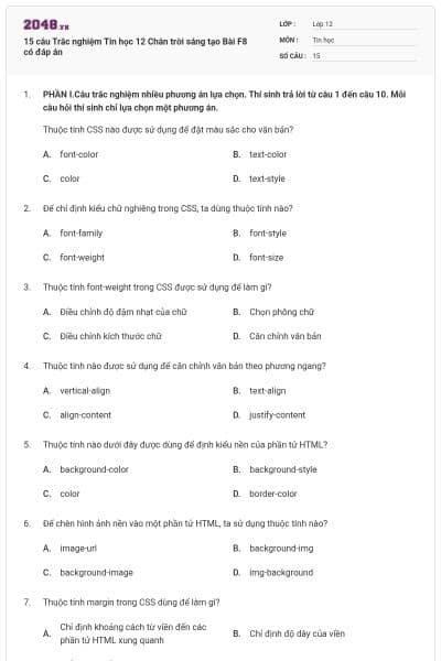 15 câu Trắc nghiệm Tin học 12 Chân trời sáng tạo Bài F8 có đáp án