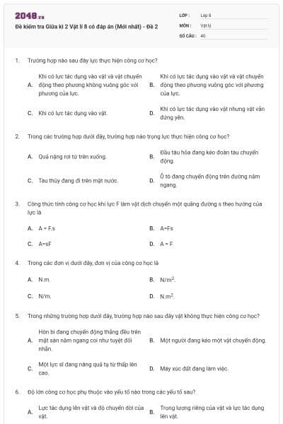 Đề kiểm tra Giữa kì 2 Vật lí 8 có đáp án (Mới nhất) - Đề 2