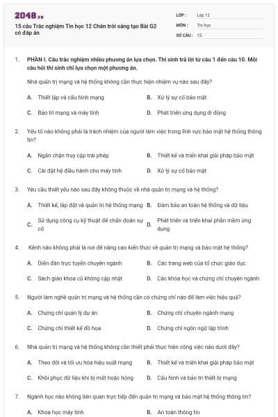 15 câu Trắc nghiệm Tin học 12 Chân trời sáng tạo Bài G2 có đáp án