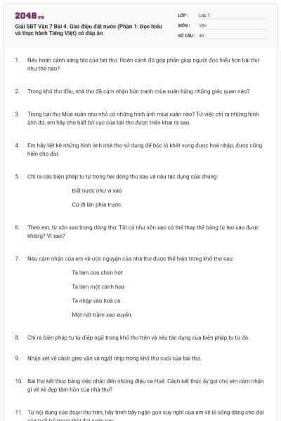 Giải SBT Văn 7 Bài 4. Giai điệu đất nước (Phần 1: Đọc hiểu và thực hành Tiếng Việt) có đáp án