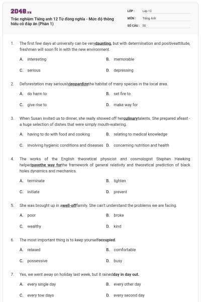 Trắc nghiệm Tiếng anh 12 Từ đồng nghĩa - Mức độ thông hiểu có đáp án (Phần 1)