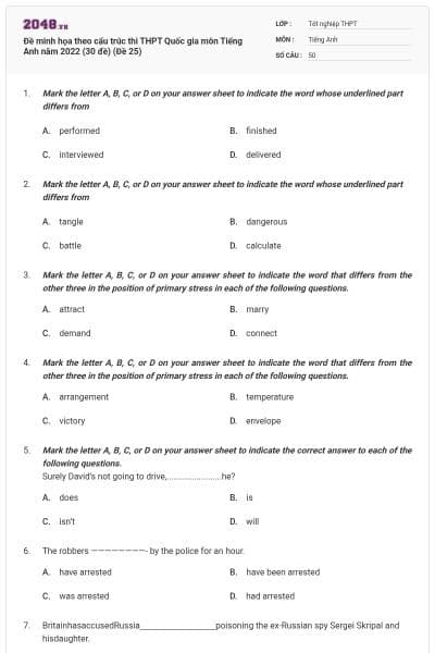 Đề minh họa theo cấu trúc thi THPT Quốc gia môn Tiếng Anh năm 2022 (30 đề) (Đề 25)