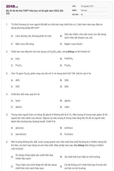 Bộ 25 đề thi thử THPT Hóa học có lời giải năm 2022 (Đề 20)