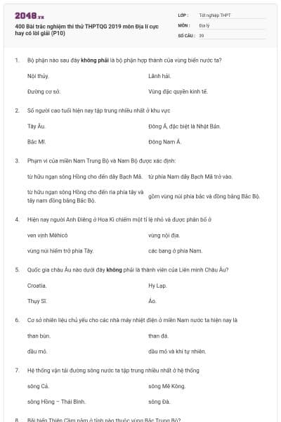 400 Bài trắc nghiệm thi thử THPTQG 2019 môn Địa lí cực hay có lời giải (P10)