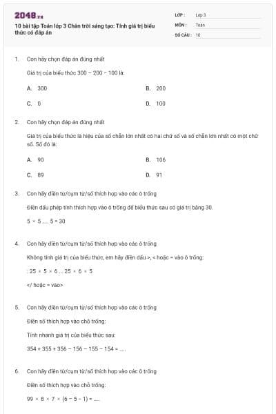 10 bài tập Toán lớp 3 Chân trời sáng tạo: Tính giá trị biểu thức có đáp án