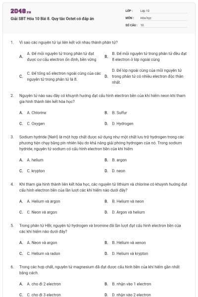 Giải SBT Hóa 10 Bài 8. Quy tắc Octet có đáp án