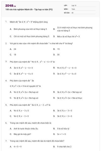 100 câu trắc nghiệm Mệnh đề - Tập hợp cơ bản (P2)