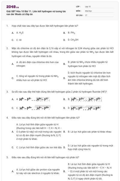 Giải SBT Hóa 10 Bài 11. Liên kết hydrogen và tương tác van der Waals có đáp án
