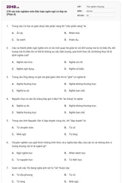 278 câu trắc nghiệm môn Dẫn luận ngôn ngữ có đáp án (Phần 8)
