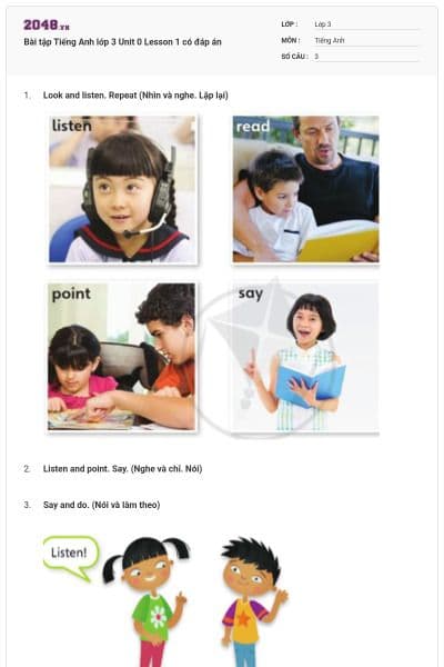 Bài tập Tiếng Anh lớp 3 Unit 0 Lesson 1 có đáp án