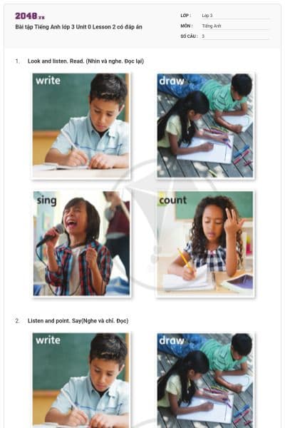Bài tập Tiếng Anh lớp 3 Unit 0 Lesson 2 có đáp án