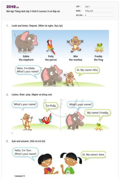 Bài tập Tiếng Anh lớp 3 Unit 0 Lesson 3 có đáp án