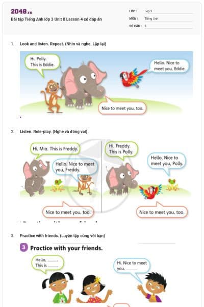 Bài tập Tiếng Anh lớp 3 Unit 0 Lesson 4 có đáp án