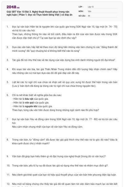 Giải SBT Văn 10 Bài 3. Nghệ thuật thuyết phục trong văn nghị luận ( Phần 1: Đọc và Thực hành tiếng Việt ) có đáp án