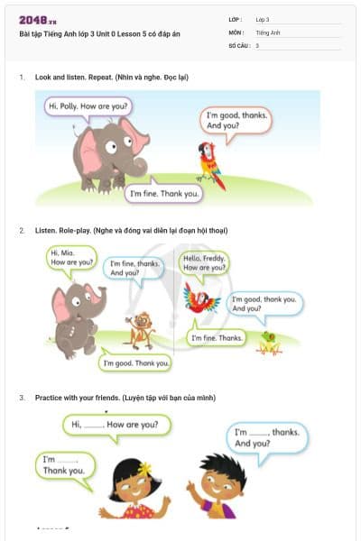 Bài tập Tiếng Anh lớp 3 Unit 0 Lesson 5 có đáp án
