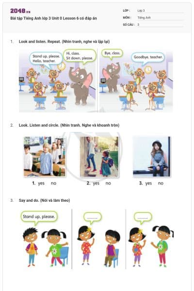 Bài tập Tiếng Anh lớp 3 Unit 0 Lesson 6 có đáp án