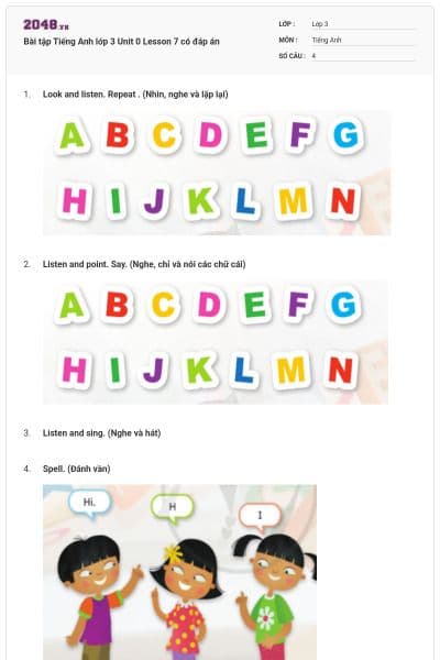 Bài tập Tiếng Anh lớp 3 Unit 0 Lesson 7 có đáp án