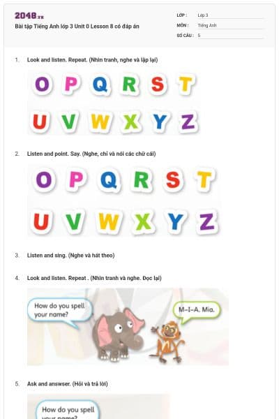 Bài tập Tiếng Anh lớp 3 Unit 0 Lesson 8 có đáp án