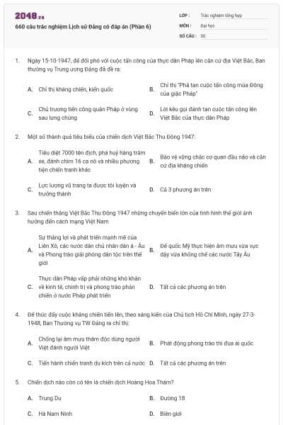 660 câu trắc nghiệm Lịch sử Đảng có đáp án (Phần 6)